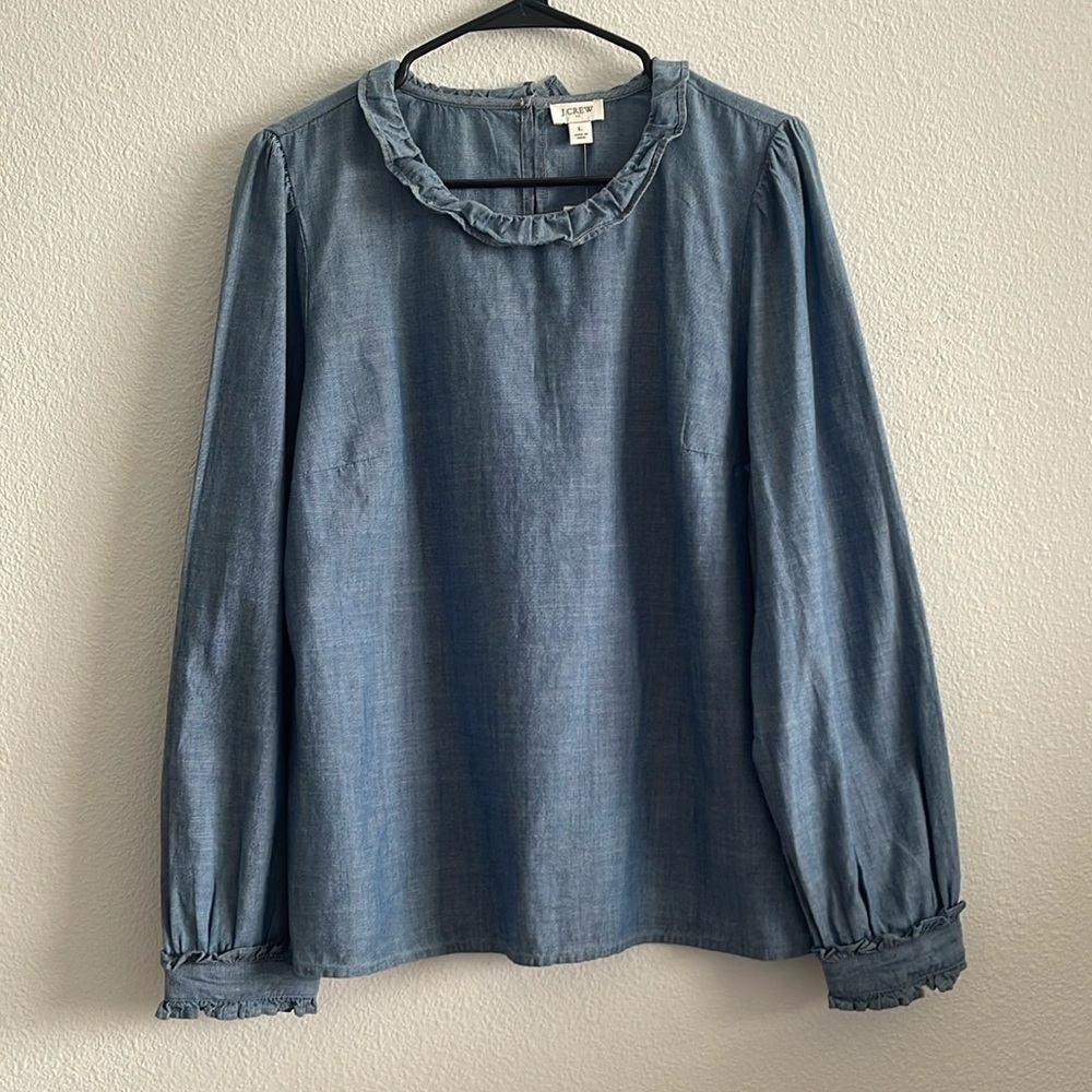 J Crew Chambray Ruffle Top Size Large